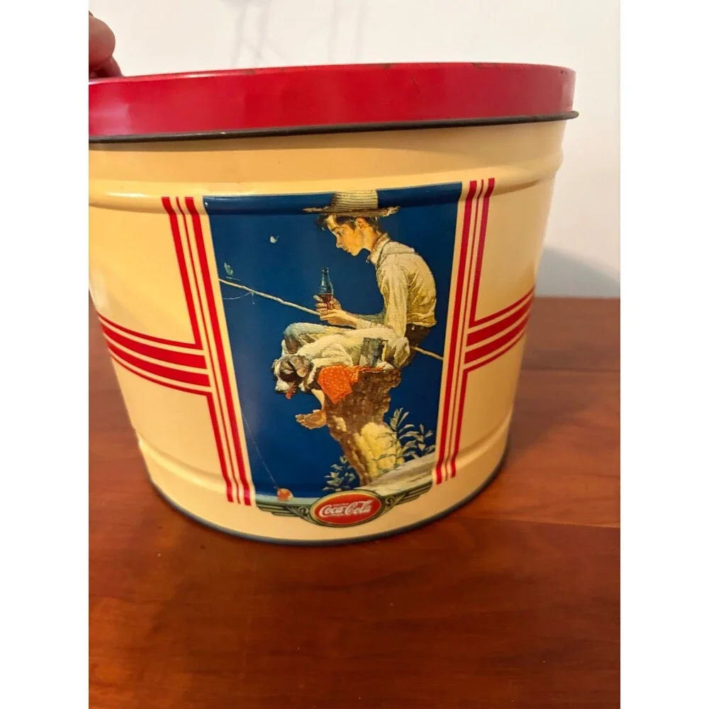 Vintage Coca-Cola Norman Rockwell Metal Cookie Tin Canister w/ Lid 10” x 7”